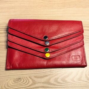 Vintage Christian Dior Multiflap Red Leather Wallet with Snap Buttons 6.5 by 4.5